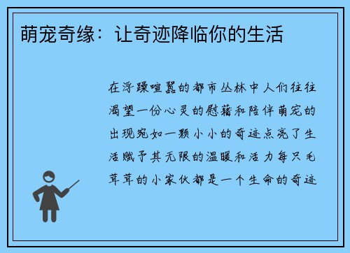 萌宠奇缘：让奇迹降临你的生活